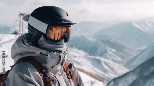 Portrait of a snowboarder with goggles. Generative AI © Kateryna Kordubailo