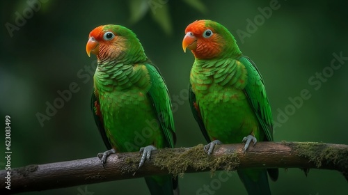 Couple of bright contact parrots on the green background. Generative AI