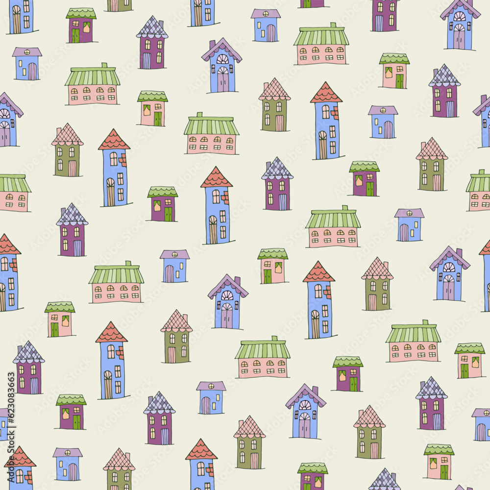Seamless pattern with old town, landscape with green, violet and blue houses. Doodle style. Design for print, invitations and greeting cards. Seamless pattern with old town, landscape with green, violet and blue houses. Doodle style. Design for print, invitations and greeting cards.