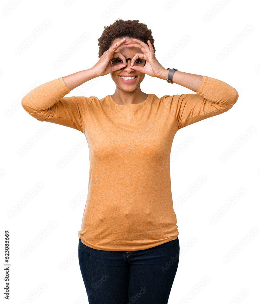 Young beautiful african american woman wearing glasses over isolated background doing ok gesture like binoculars sticking tongue out, eyes looking through fingers. Crazy expression. Young beautiful african american woman wearing glasses over isolated background doing ok gesture like binoculars sticking tongue out, eyes looking through fingers. Crazy expression.