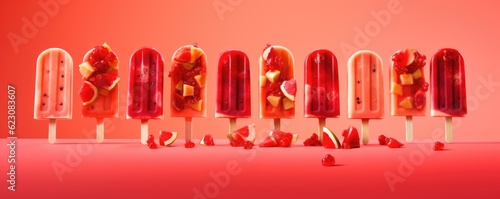 Popsicles of fresh and healthy watermelom on red background, panorama. Generative Ai. photo