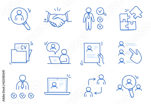 Doodle line icon set work, business job search. Doodle sketch hand drawn style employee search, business work career, company people team icon. Job interview, team person concept. Vector illustration