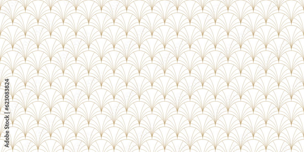 Golden art deco seamless pattern. Luxury gold and white vector geometric linear texture with curved lines, fish scale ornament, peacock pattern, grid. Elegant abstract background. Asian style design
