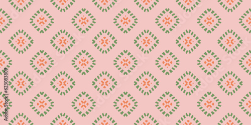 Vector ornamental seamless pattern. Elegant geometric ornament texture with small flower silhouettes, crosses, grid. Abstract floral background in summer colors. Repeat design for wallpaper, cloth