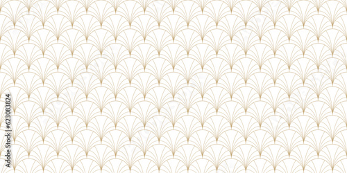 Golden art deco seamless pattern. Luxury gold and white vector geometric linear texture with curved lines, fish scale ornament, peacock pattern, grid. Elegant abstract background. Asian style design