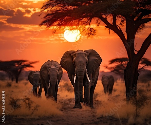 Elephants Roaming Across a Dry Grass Field. Generative AI © Umar