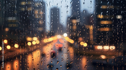 Blurred Rainy Window with Cityscape Background