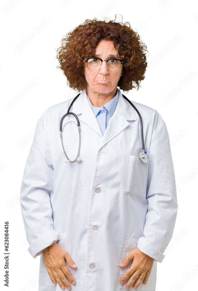 Middle ager senior doctor woman over isolated background depressed and worry for distress, crying angry and afraid. Sad expression.