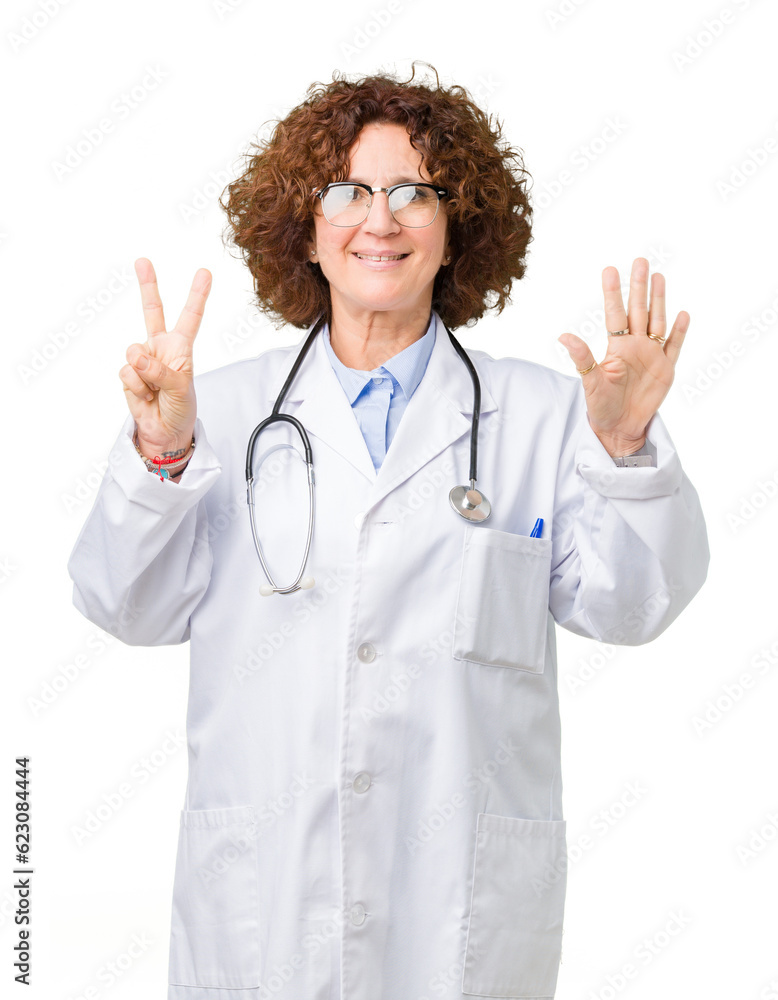 Middle ager senior doctor woman over isolated background showing and pointing up with fingers number seven while smiling confident and happy. Middle ager senior doctor woman over isolated background showing and pointing up with fingers number seven while smiling confident and happy.