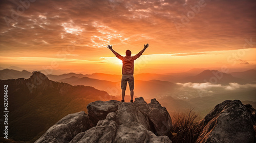 Man on Rocky Mountain Top with Raised Hands