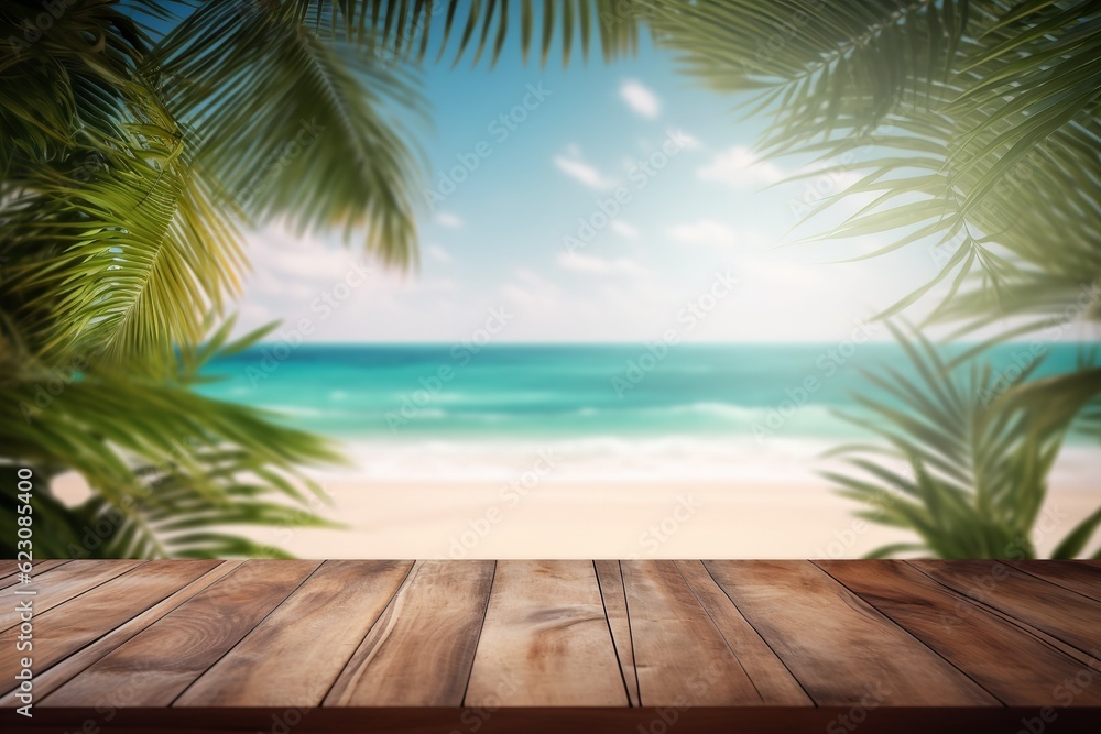 wooden table for product placement with a tropical beach and palm trees on the background