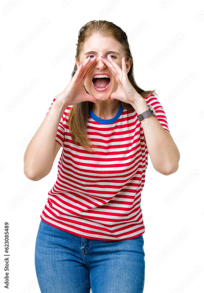 Middle age mature woman wearing casual t-shirt over isolated background Shouting angry out loud with hands over mouth
