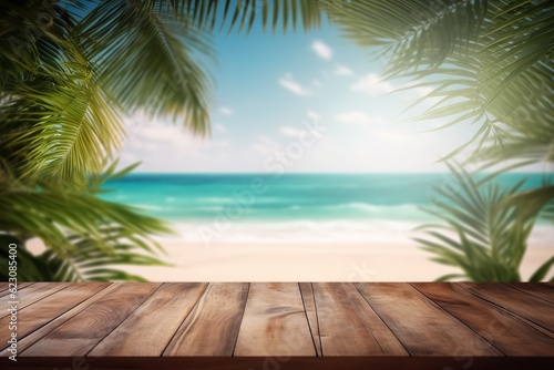 wooden table for product placement with a tropical beach and palm trees on the background © Pedro