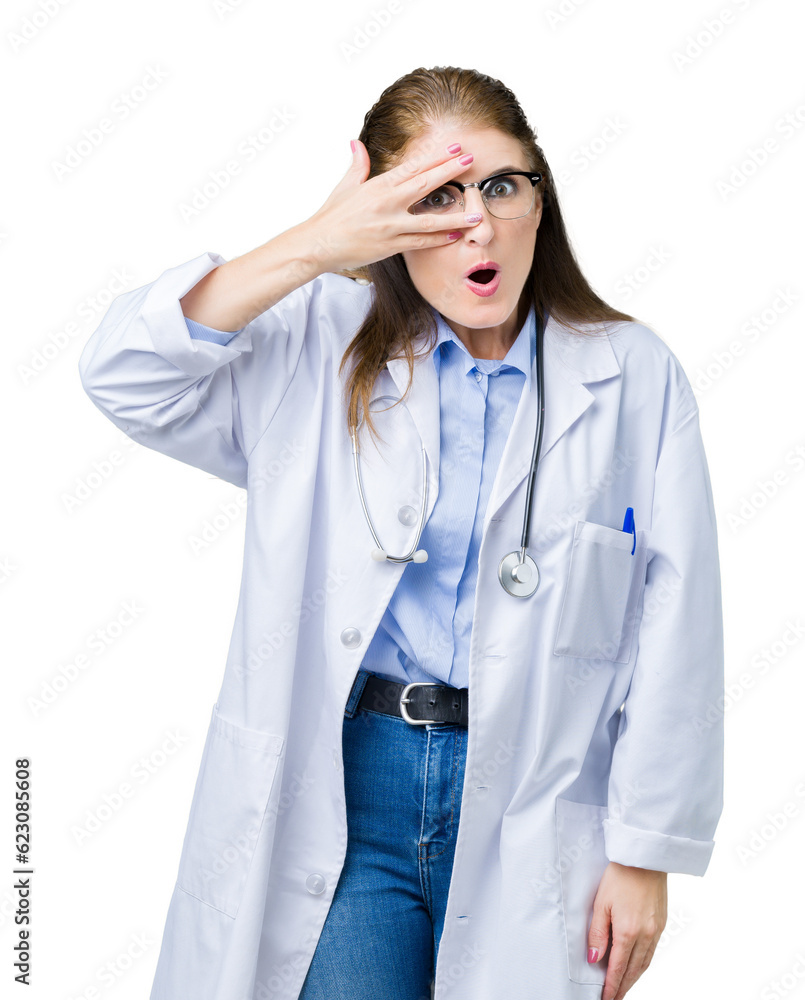 Middle age mature doctor woman wearing medical coat over isolated background peeking in shock covering face and eyes with hand, looking through fingers with embarrassed expression. Middle age mature doctor woman wearing medical coat over isolated background peeking in shock covering face and eyes with hand, looking through fingers with embarrassed expression.