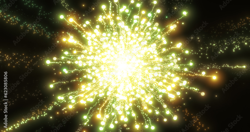 Abstract yellow energy fireworks particle salute magical bright glowing futuristic hi-tech with blur effect and bokeh background Abstract yellow energy fireworks particle salute magical bright glowing futuristic hi-tech with blur effect and bokeh background