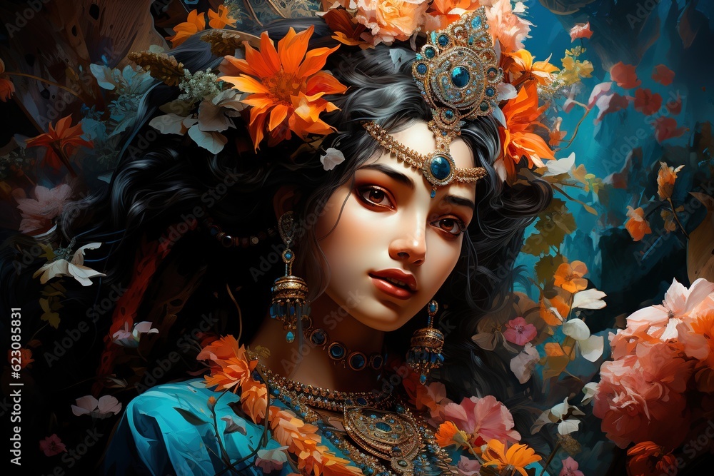 A beautiful girl at the celebration of Krishna's Appearance Day. Shri Krishna Janmashtami. Realistic illustration. AI generation A beautiful girl at the celebration of Krishna's Appearance Day. Shri Krishna Janmashtami. Realistic illustration. AI generation