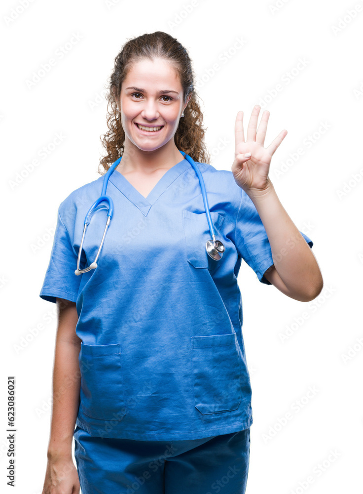 Young brunette doctor girl wearing nurse or surgeon uniform over isolated background showing and pointing up with fingers number four while smiling confident and happy. Young brunette doctor girl wearing nurse or surgeon uniform over isolated background showing and pointing up with fingers number four while smiling confident and happy.