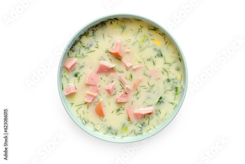 Bowl of okroshka on a white background. View from above.