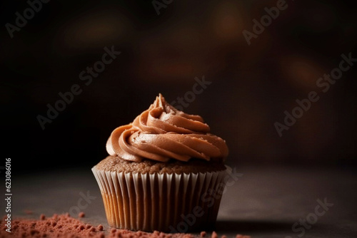 Food, catering and chocolate chip cupcake on table for restaurant, bakery or hospitality. Ai generated dessert, cafe and cooking with American cuisine on studio background for kitchen or coffee shop