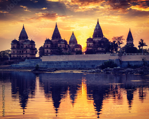 Vintage retro effect filtered hipster style image of Royal cenotaphs of Orchha over Betwa river. Orchha  Madhya Pradesh  India