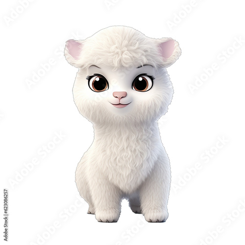 Cute Alpaca, 3d cartoon, Big eyes, friendly, no background