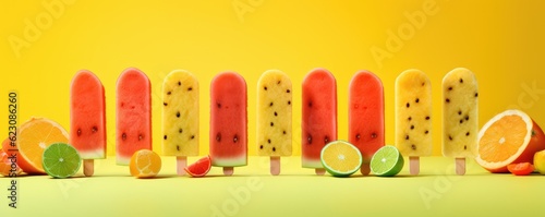 Popsicles of fresh and healthy watermelom on yellow background, panorama. Generative Ai. photo