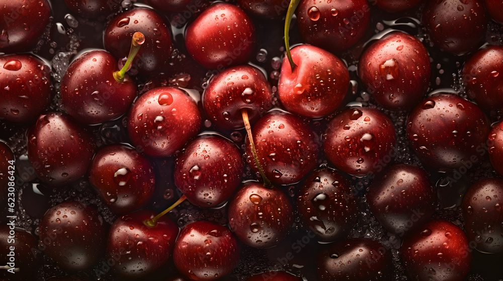 Pattern of cherry, top view, water drops on cherry Pattern of cherry, top view, water drops on cherry