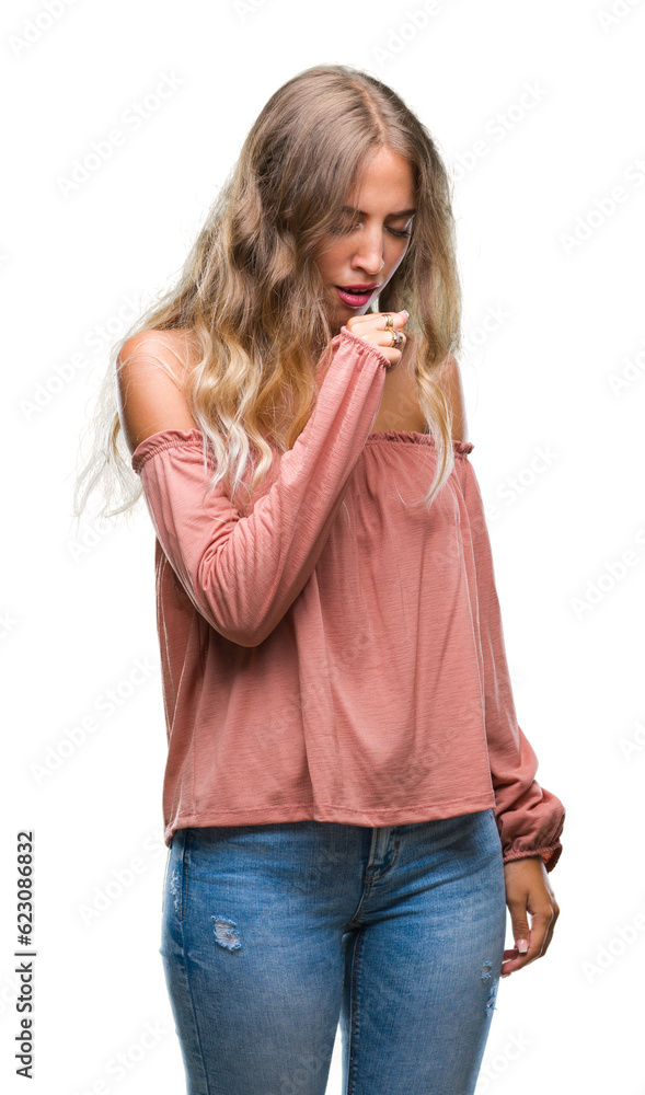Beautiful young blonde woman over isolated background feeling unwell and coughing as symptom for cold or bronchitis. Healthcare concept. Beautiful young blonde woman over isolated background feeling unwell and coughing as symptom for cold or bronchitis. Healthcare concept.