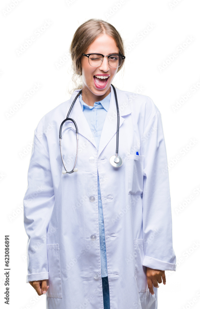 Beautiful young blonde doctor woman wearing medical uniform over isolated background winking looking at the camera with sexy expression, cheerful and happy face. Beautiful young blonde doctor woman wearing medical uniform over isolated background winking looking at the camera with sexy expression, cheerful and happy face.