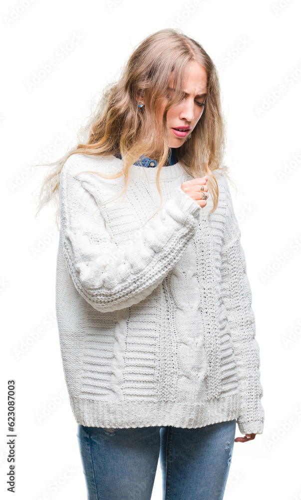 Beautiful young blonde woman wearing winter sweater over isolated background feeling unwell and coughing as symptom for cold or bronchitis. Healthcare concept. Beautiful young blonde woman wearing winter sweater over isolated background feeling unwell and coughing as symptom for cold or bronchitis. Healthcare concept.