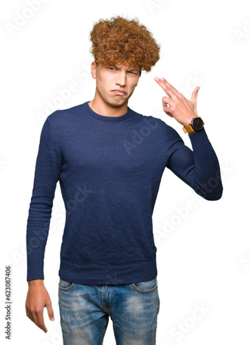 Photography Young handsome man with afro hair Shooting and killing oneself pointing hand and fingers to head, suicide gesture