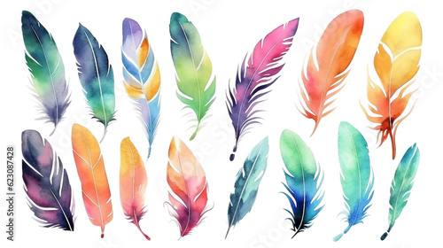 Fotografija Set of bird feathers on transparent background, ai generated