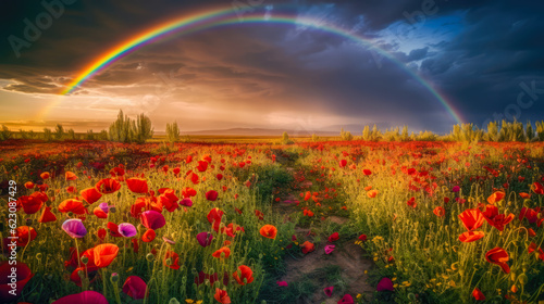 A rainbow on a field of poppies in the countryside  generative AI