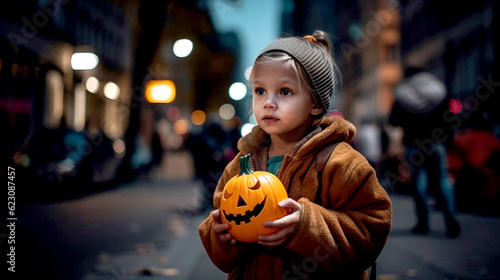 Little girl with a halloween trick or treat basket lost alone in the street, ai generated