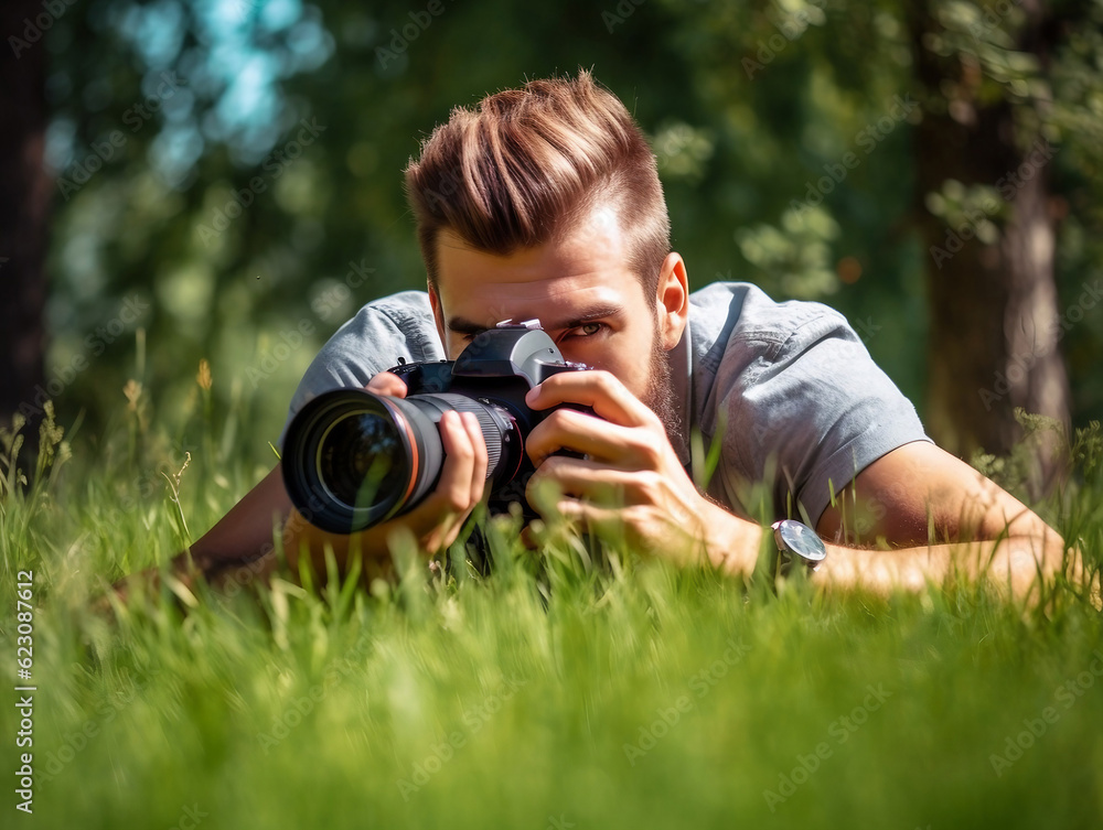 Photographer taking photos with a professional camera, hiding in green grass Photographer taking photos with a professional camera, hiding in green grass
