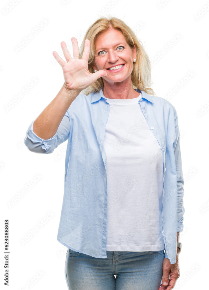 Middle age blonde woman over isolated background showing and pointing up with fingers number five while smiling confident and happy. Middle age blonde woman over isolated background showing and pointing up with fingers number five while smiling confident and happy.