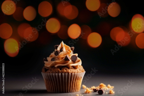 Food, catering and dessert with cupcake on table for restaurant, bakery and hospitality. Ai generated chocolate chip, cafe and cooking with American cuisine on background for kitchen and coffee shop