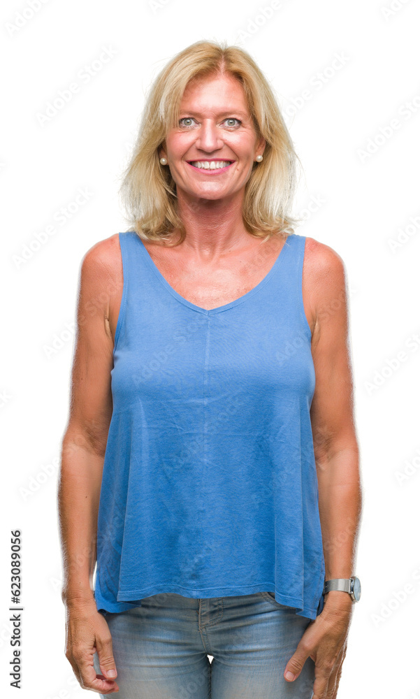 Middle age blonde woman over isolated background with a happy and cool smile on face. Lucky person. Middle age blonde woman over isolated background with a happy and cool smile on face. Lucky person.