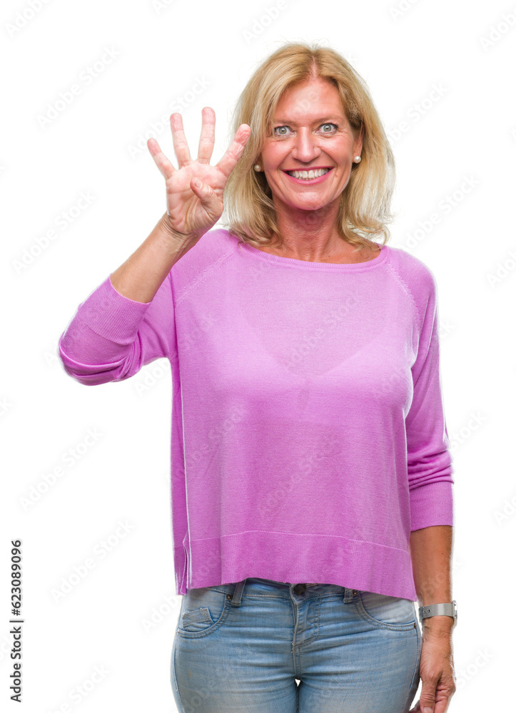 Middle age blonde woman over isolated background showing and pointing up with fingers number four while smiling confident and happy. Middle age blonde woman over isolated background showing and pointing up with fingers number four while smiling confident and happy.