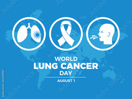 World Lung Cancer Day poster with medical symbols vector illustration. White cancer awareness ribbon, human lungs and cough round icon set vector on a blue background. August 1 every year