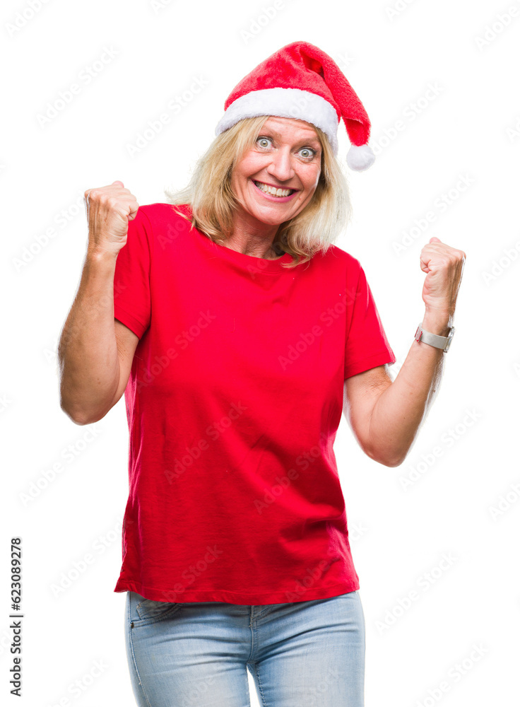 Middle age blonde woman wearing christmas hat over isolated background very happy and excited doing winner gesture with arms raised, smiling and screaming for success. Celebration concept. Middle age blonde woman wearing christmas hat over isolated background very happy and excited doing winner gesture with arms raised, smiling and screaming for success. Celebration concept.