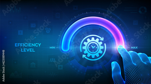 Increasing Efficiency level. Wireframe hand is pulling up to the maximum position circle progress bar with the efficiency icon. Development and growth business concept. Vector illustration.