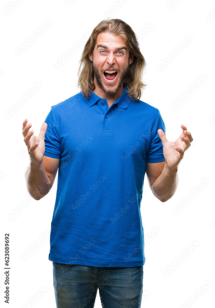 Young handsome man with long hair over isolated background celebrating crazy and amazed for success with arms raised and open eyes screaming excited. Winner concept Young handsome man with long hair over isolated background celebrating crazy and amazed for success with arms raised and open eyes screaming excited. Winner concept