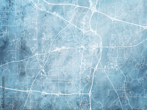 Illustration of a map of the city of  Tupelo Mississippi in the United States of America with white roads on a icy blue frozen background.