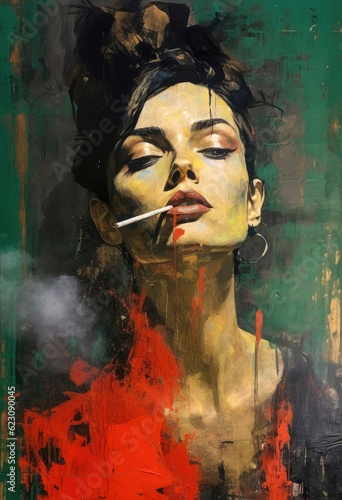 Portrait of a smoking woman with graffiti: Cigarette Smoke and Color Splash with a Woman in Red & Green Painting. Generative AI