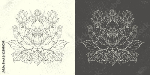 Floral lotus flower in art nouveau 1920-1930. Hand drawn lotus in a linear style with weaves of lines, leaves and lotus flowers.