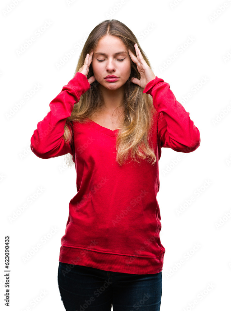 Young beautiful blonde woman wearing red sweater over isolated background with hand on head for pain in head because stress. Suffering migraine. Young beautiful blonde woman wearing red sweater over isolated background with hand on head for pain in head because stress. Suffering migraine.