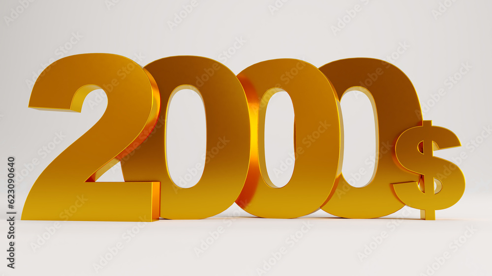 Foto golden two thousand dollars isolated on white background, 3D render