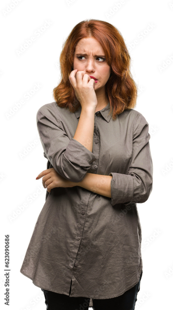 Young beautiful woman over isolated background looking stressed and nervous with hands on mouth biting nails. Anxiety problem. Young beautiful woman over isolated background looking stressed and nervous with hands on mouth biting nails. Anxiety problem.