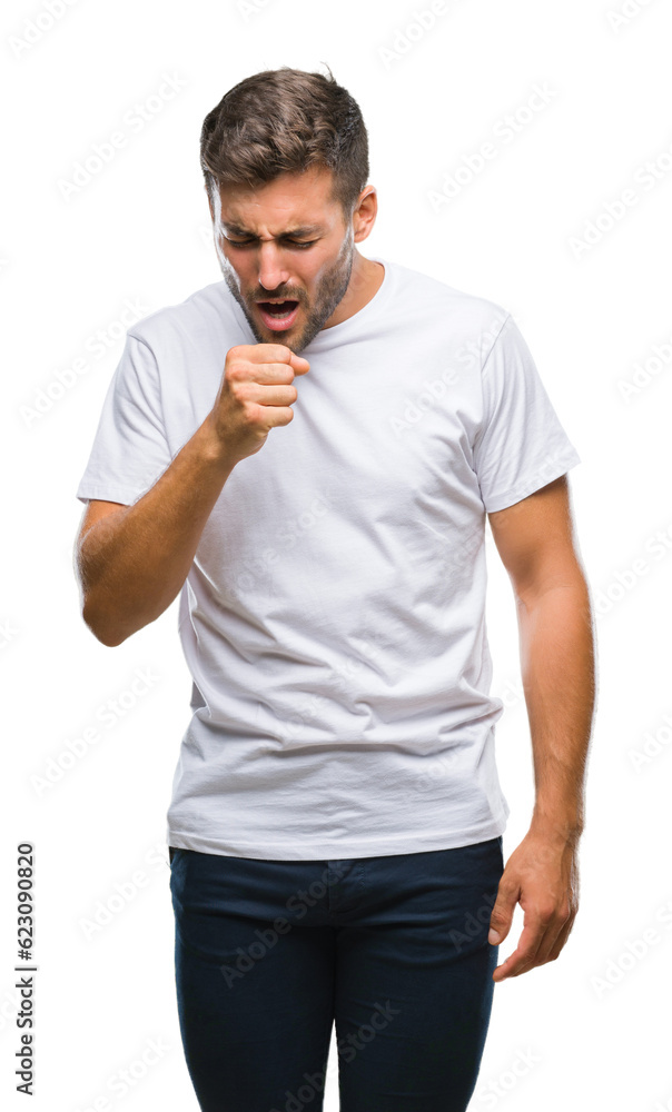 Young handsome man over isolated background feeling unwell and coughing as symptom for cold or bronchitis. Healthcare concept. Young handsome man over isolated background feeling unwell and coughing as symptom for cold or bronchitis. Healthcare concept.